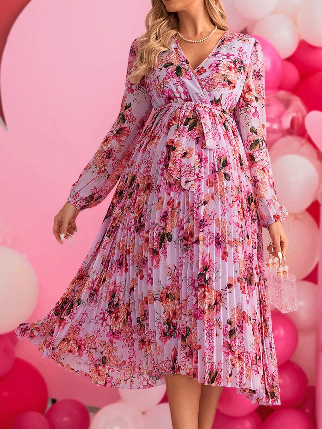 Maternity Floral Printed Long Sleeve Dress With Pleated Hem