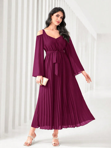 Ladies Solid Color Cold-Shoulder Flared Sleeve Dress