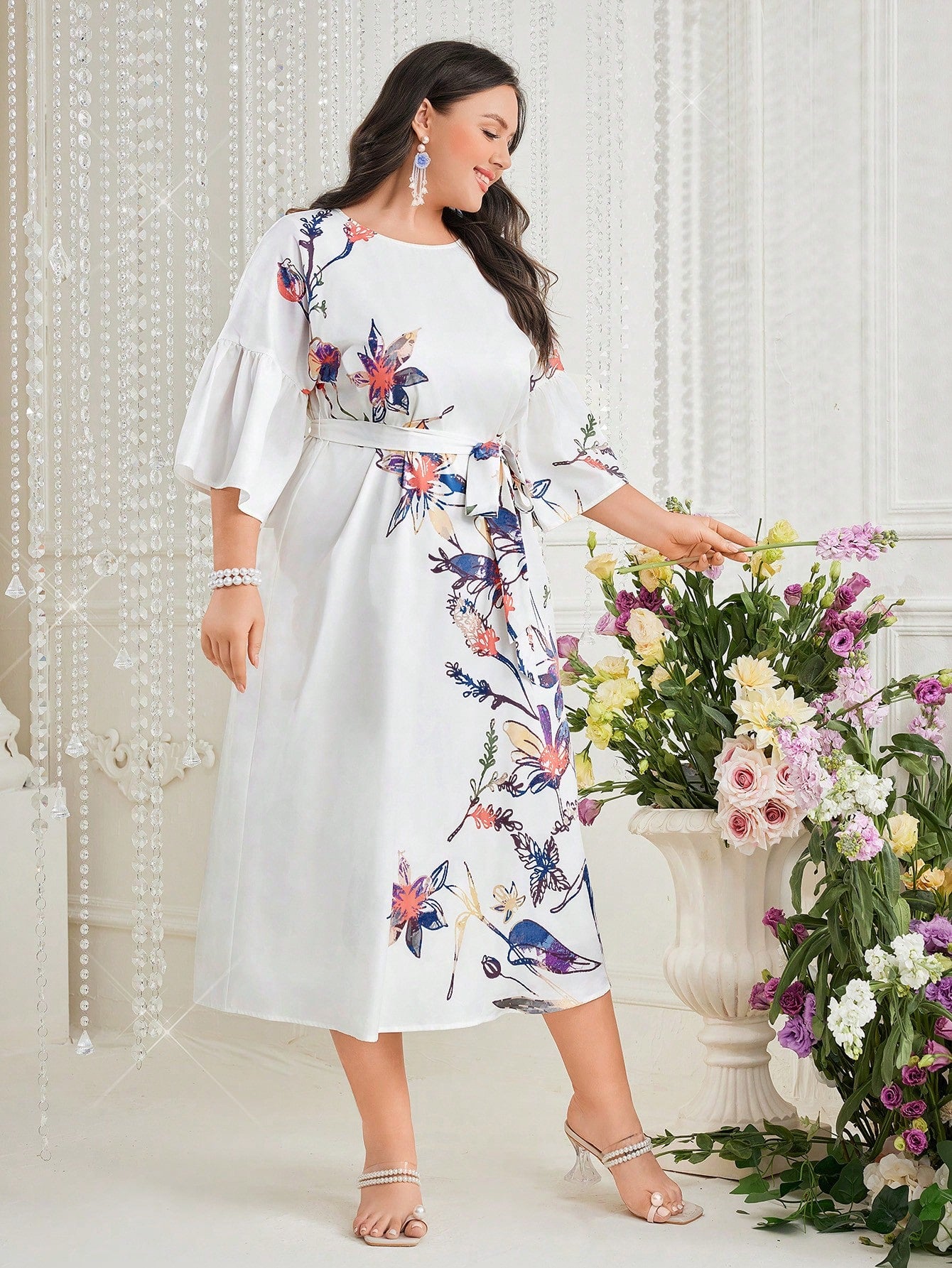 Floral Printed Plus Size Bell Sleeve Dress