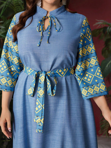 Plus Size Geometric Print Belted Dress With Knotted Neckline