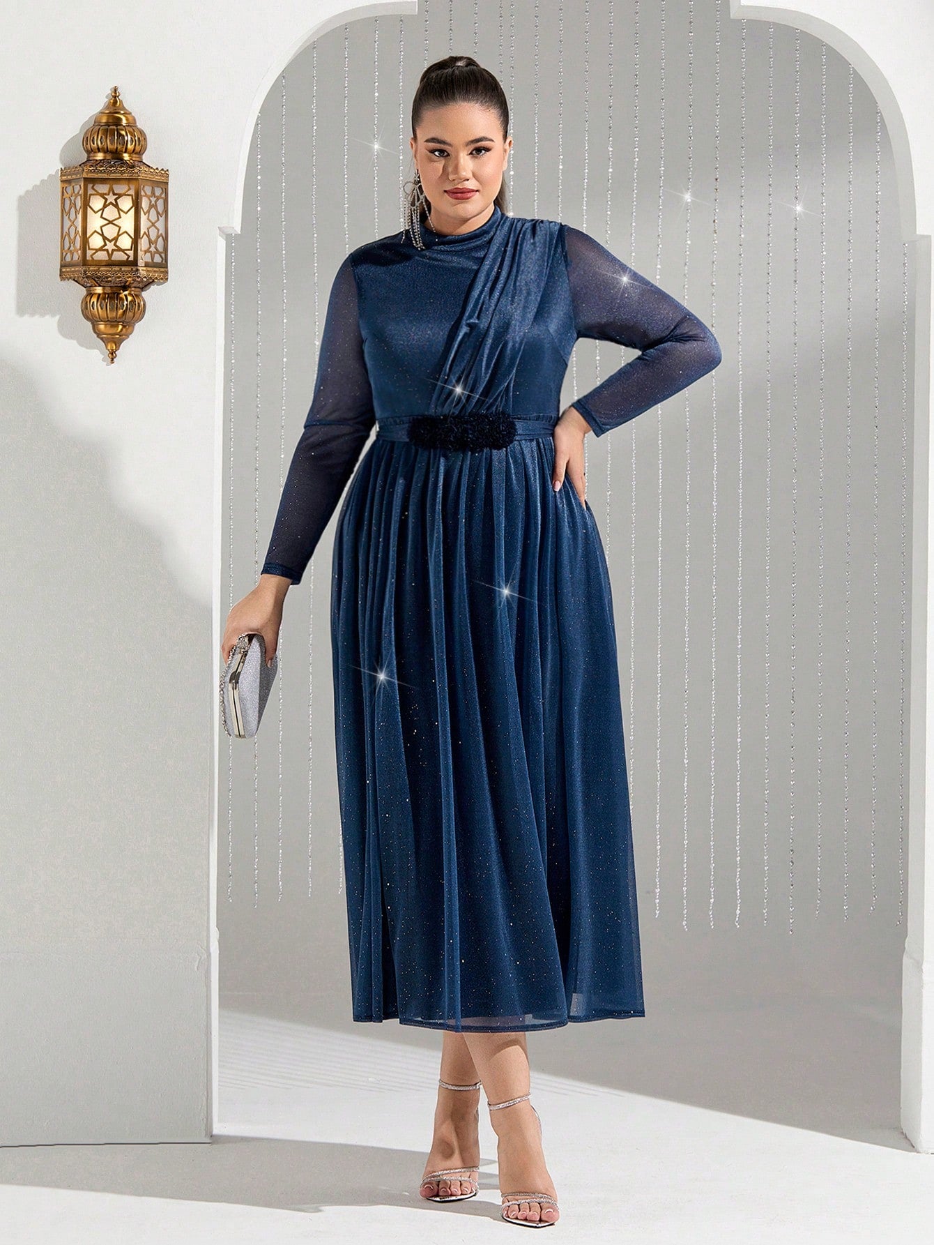 Plus Size Women's Stand Collar Mesh Long Sleeve Arabic Dress