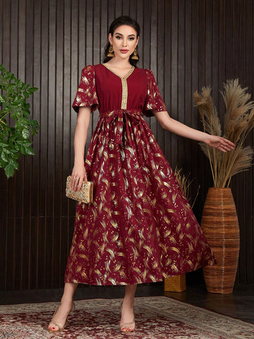 Puff Sleeve Dress With Color-Blocking And Embroidery Decoration, V-Neck, Waist Belted