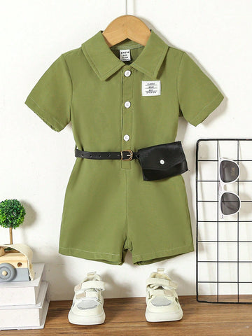 Baby Boy Spring/Summer 2pcs/Set Green Overall Shorts & Waist Bag Combo For Casual, Sporty And Cute Looks