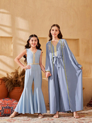 Teen Girl Loose Fit 2pcs/Set Wide-Legged Jumpsuit With Gold Trimmings & Patch Design, Flared Sleeve And Ultra-Long Robe