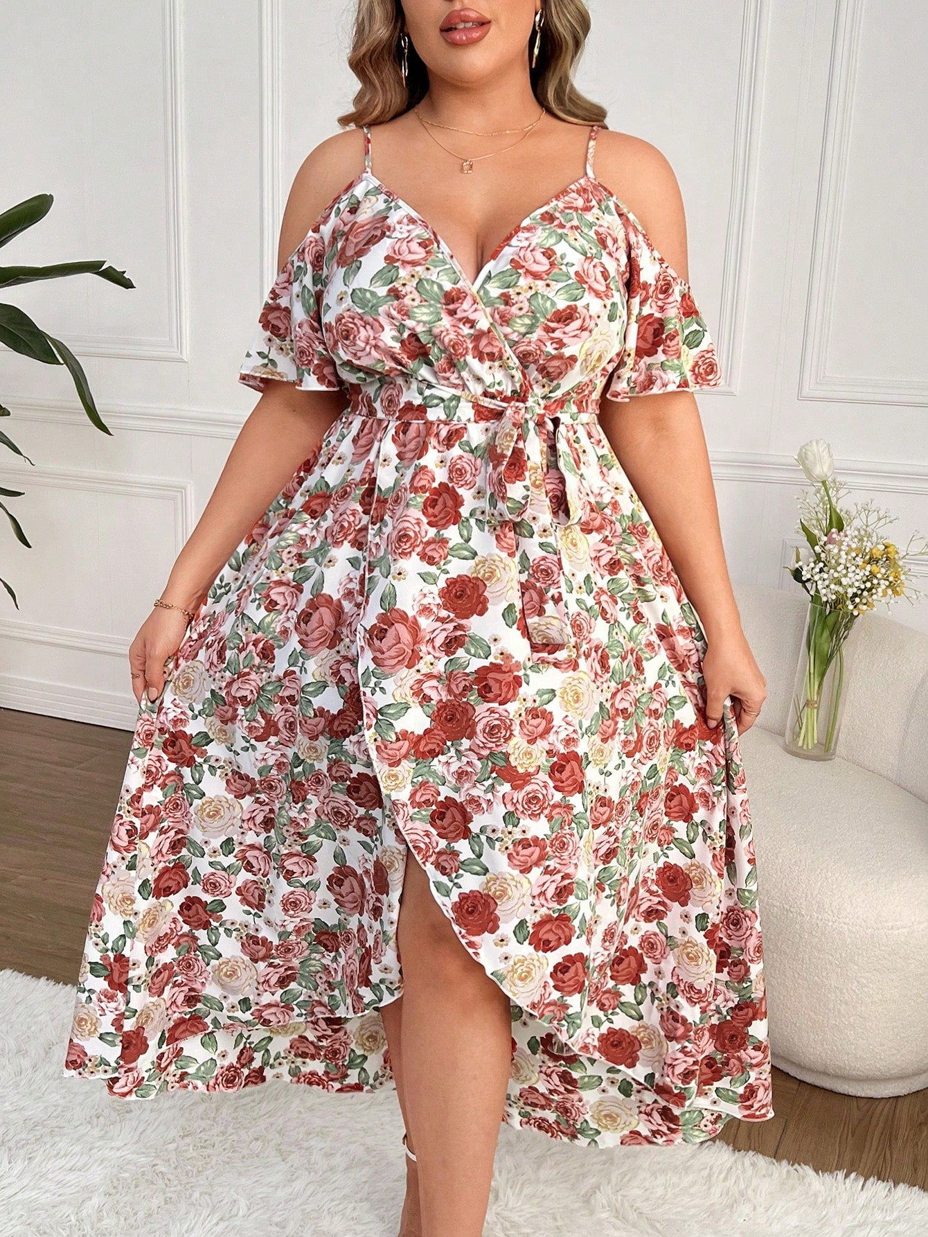 Plus Size Floral Print Open Shoulder Wrap Halter Dress