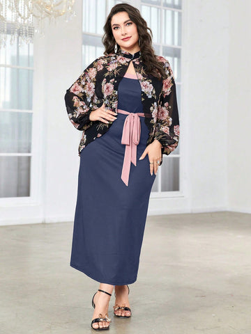 Plus Size Women's Floral Printed Lantern Sleeve Top And Dress Set