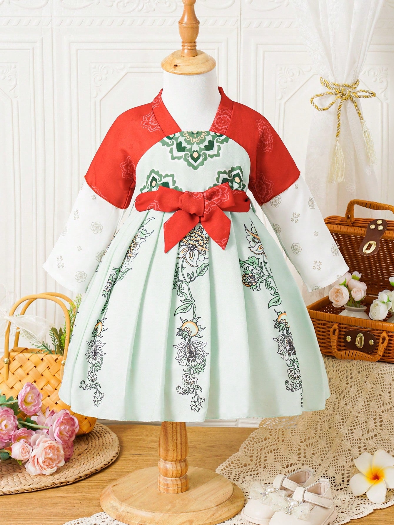 Baby Girl 2024 New Year Chinese Hanfu Dress, Elegant Chinese Style Classic Print With Plants, Suitable For Photoshoots