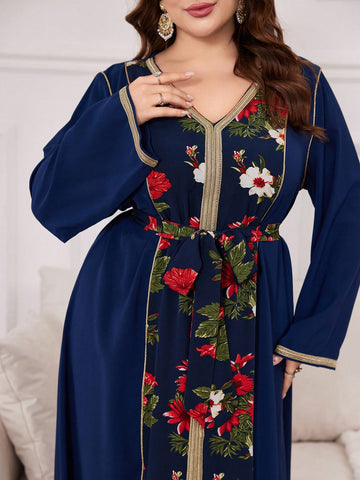 Plus Size Women's Arab Clothing With Floral Print Spliced Ribbon