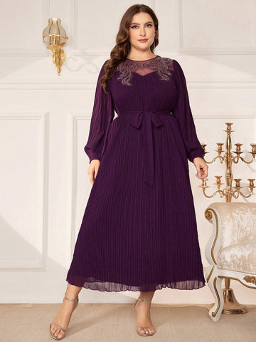 Plus Size Women's Patchwork Mesh Lantern Sleeve Dress