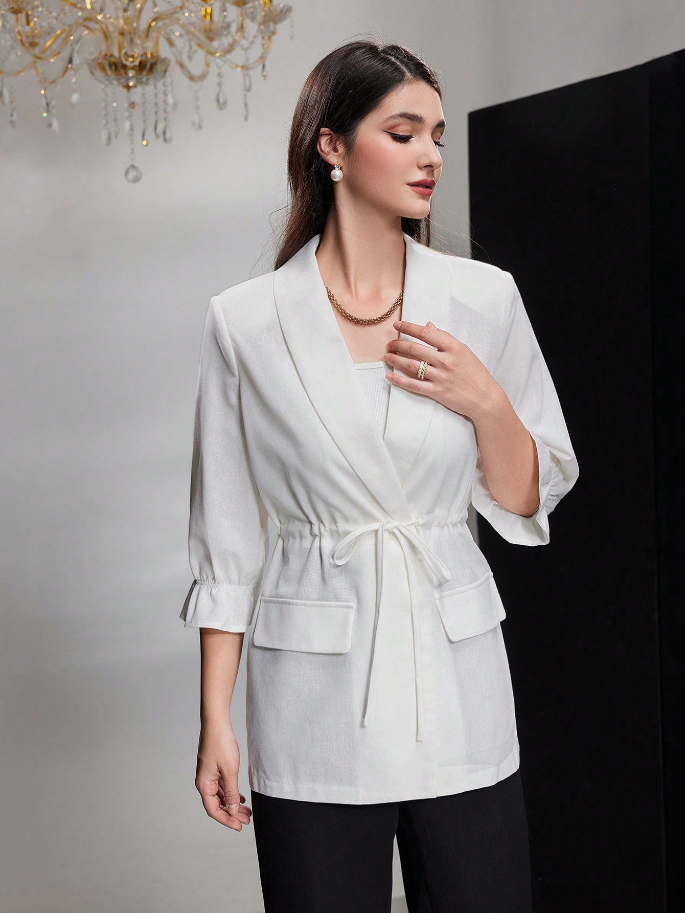 Women's Solid Color Drawstring Waist Suit Jacket