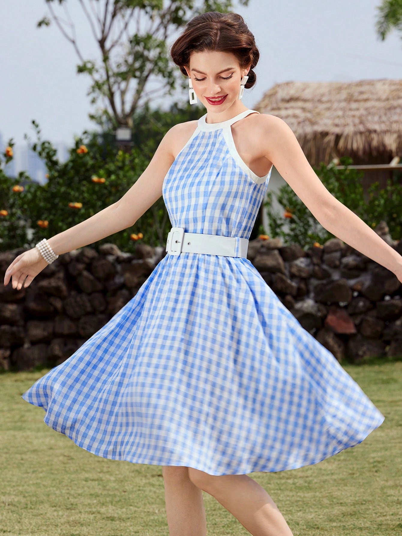 Gingham Pattern Vintage Vacation Halter Dress, Spring/Summer Fit Long Skirt Korean Fashion Off Shoulder Dress Spring Outfits Blue Dress