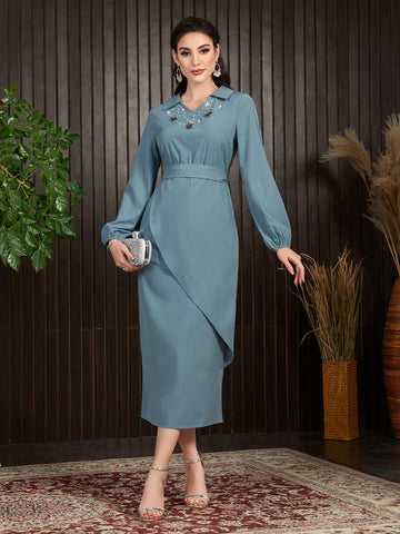 Adult Women's Diamond Decorated Turn-Down Collar Long Sleeve Dress