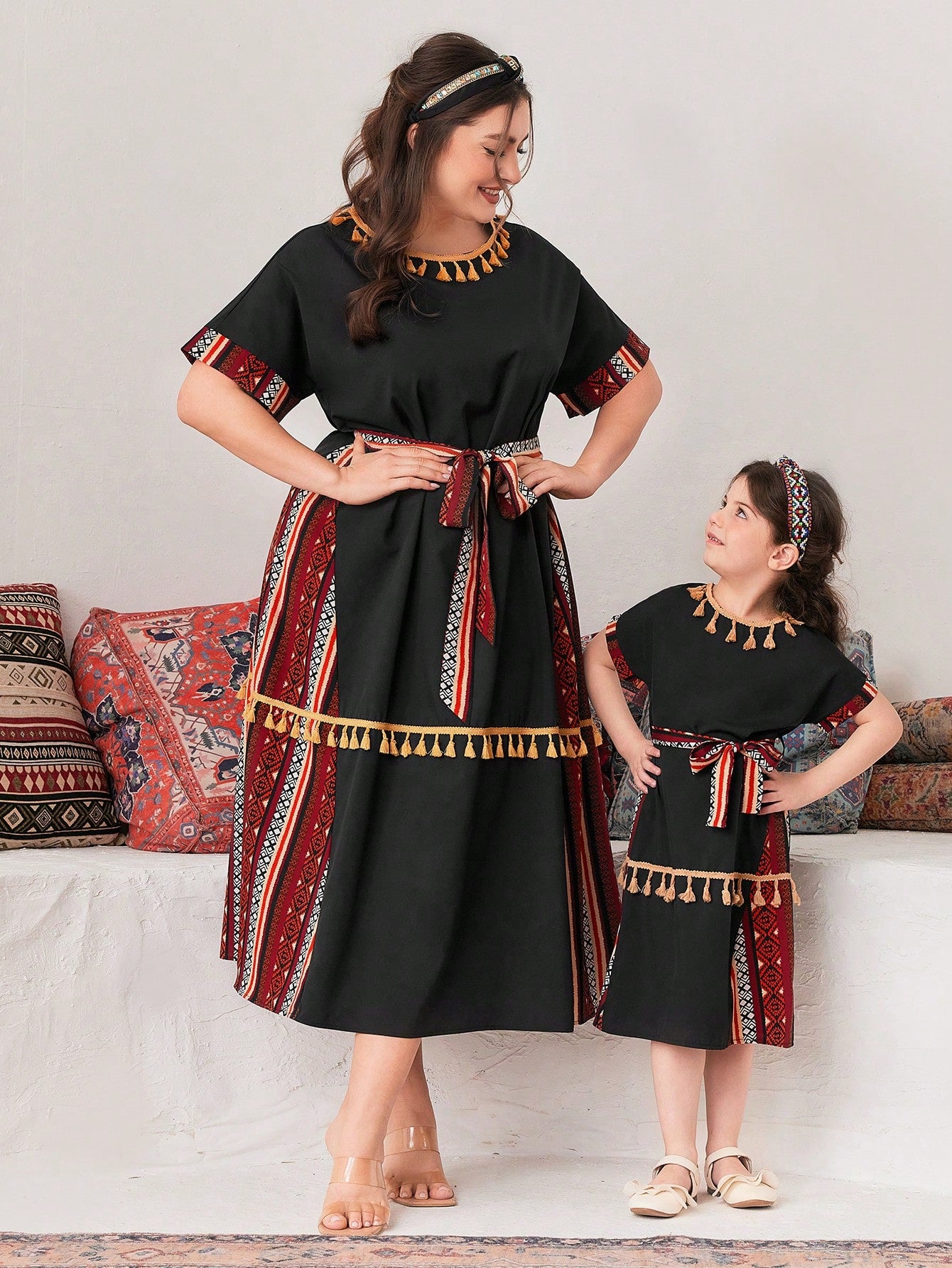 Plus Size Women's Geometric Print Patchwork Tassel Arabian Dress