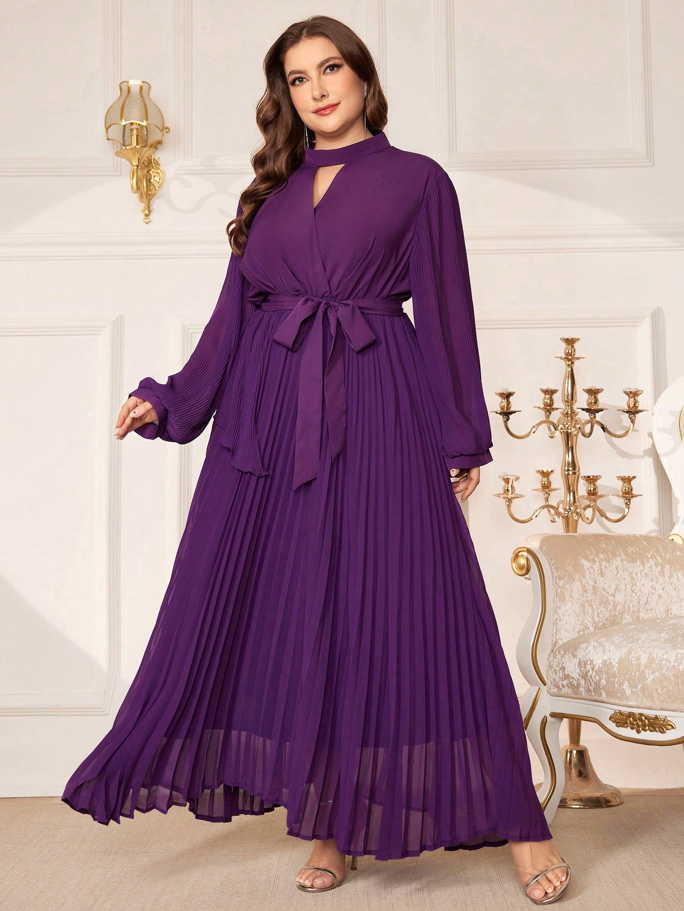 Plus Size Women's Lantern Sleeve Pleated Dress