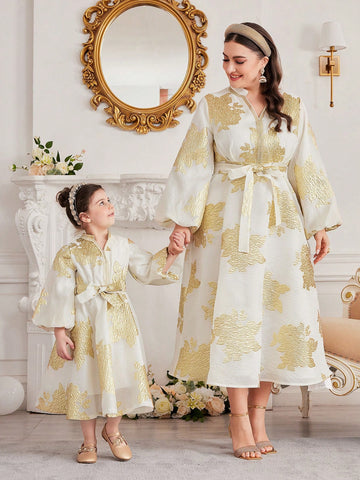 Plus Size Women's Lantern Sleeve Dress With Gold Foil Print