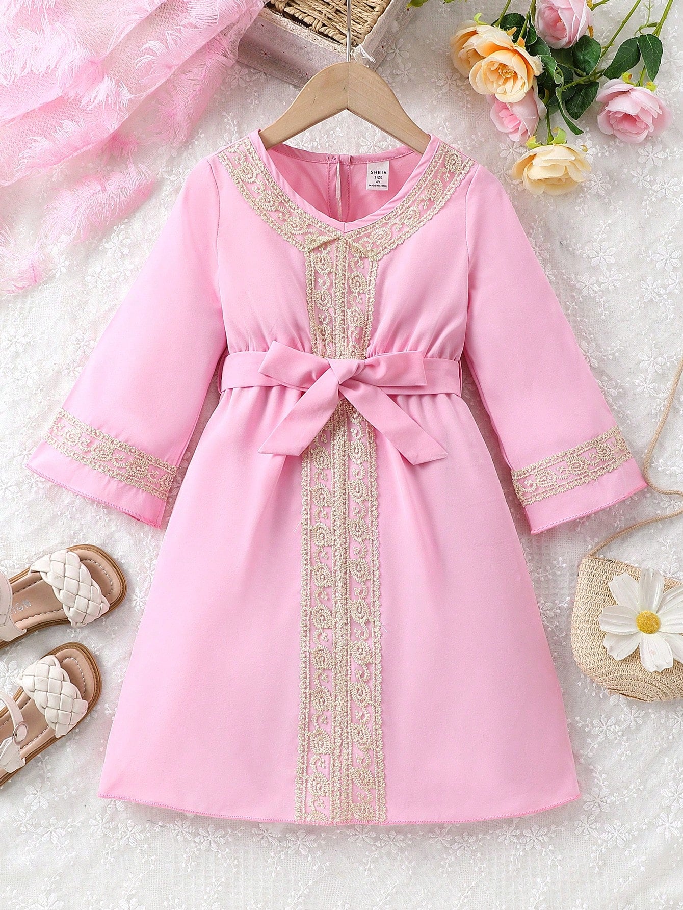 Young Girl Colorblocked Embroidered Floral Patchwork V-Neck Belted Dress