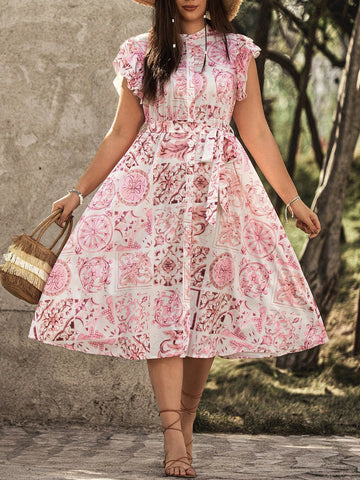 Plus Size Women's Floral Print Double Layer Sleeves Dress