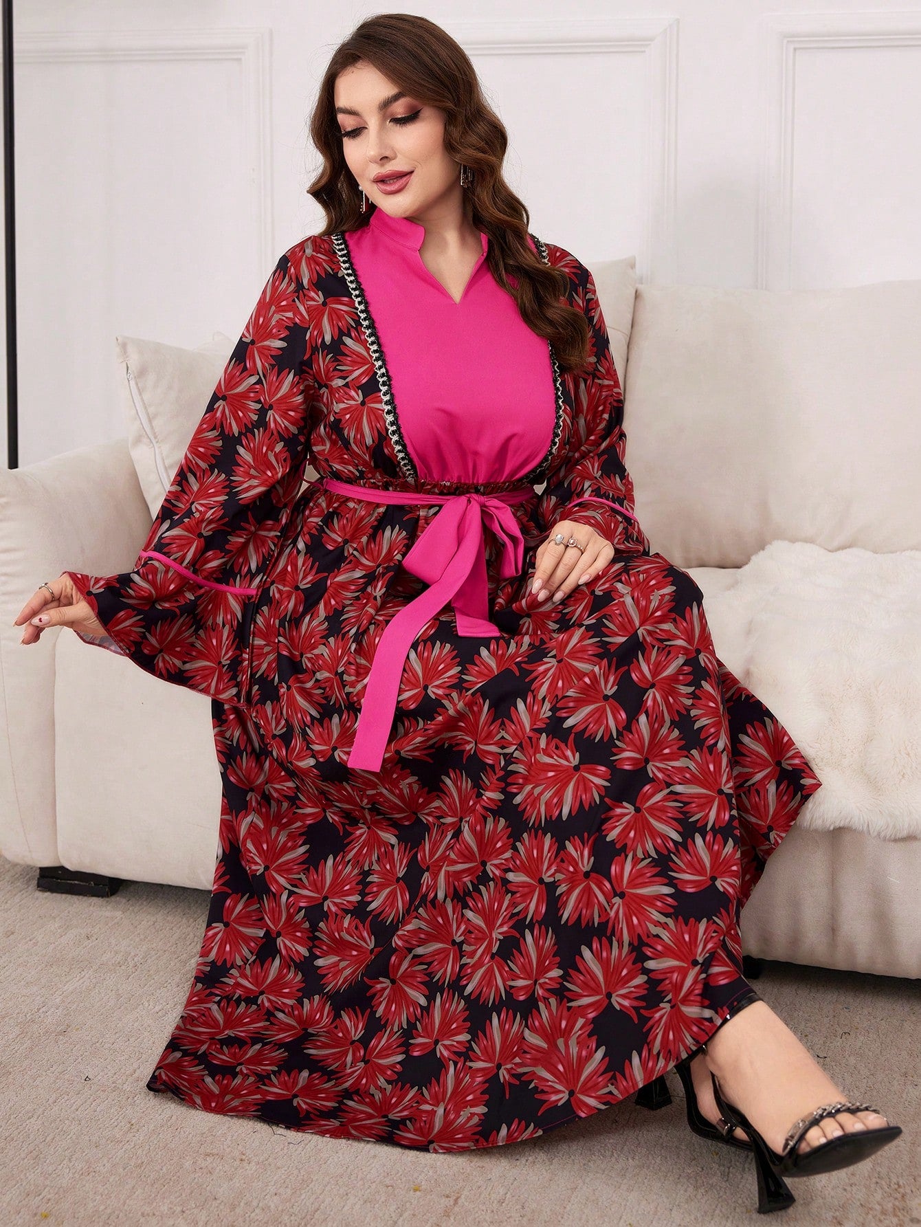 Plus Size Floral Print Notched Collar Dress With Waist Belt, Arabic Clothing