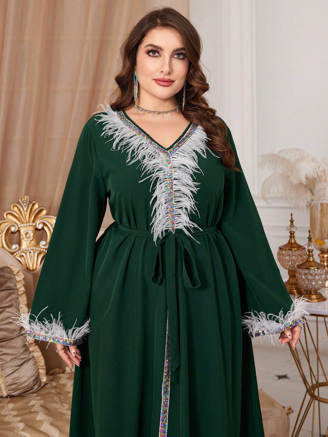 Plus Size V-Neck Feather Panel Arab Dress, Casual Maxi Jalabiya