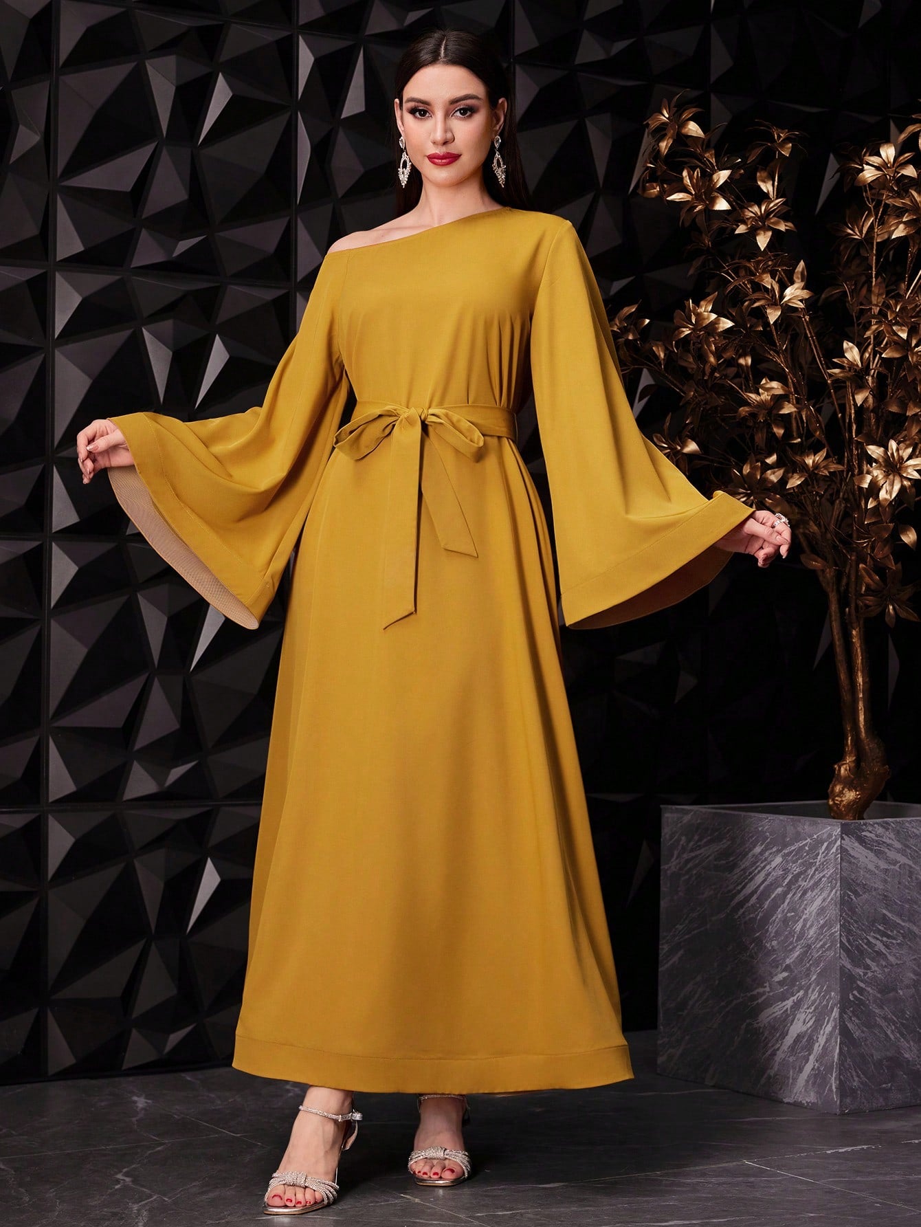 Women's Asymmetrical Shoulder Flare Sleeve Belted Dress