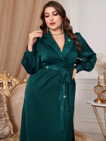 Plus Size Turn-Down Collar Belted Sequin Detail Dress