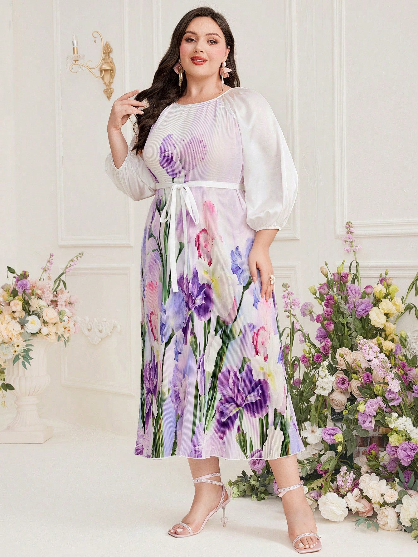 Plus Size Floral Printed Lantern Sleeve Belted Dress