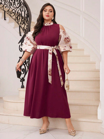 Plus Size Off-The-Shoulder Patchwork Stand Collar Dress