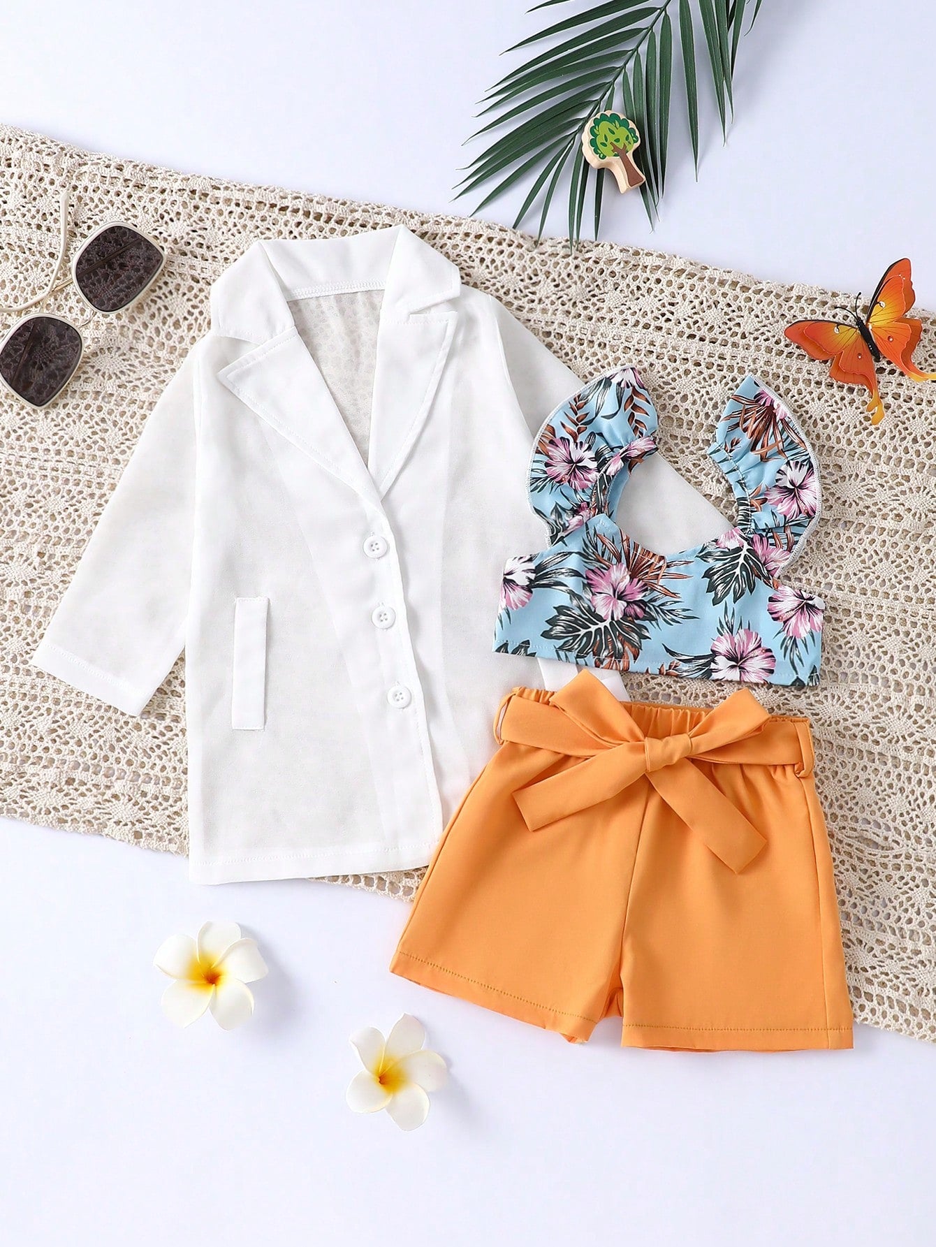 3pcs/Set Baby Girl Suit Jacket With Lapel, Button And False Pocket, Chiffon Long Sleeve Shirt With Floral Print, Solid Color Belted Shorts, Suitable For Spring And Summer