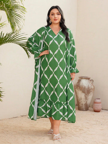 Plus Size Women's Printed Ruffled Sleeve Two Piece Set