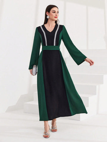 Color Block Weaving Belt Patchwork Flare Sleeve Dress