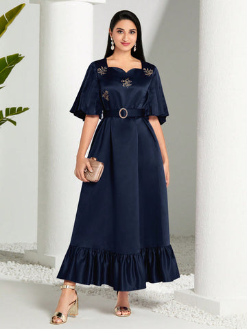 Women's Arab-Style Dress With Sweetheart Neckline And Ruffle Hem