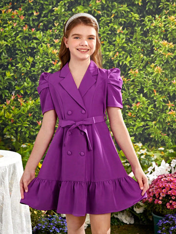 Tween Girls' Short Sleeve Dress With Suit Collar, Double-Breasted Decorative Buttons, Ruffle Hem