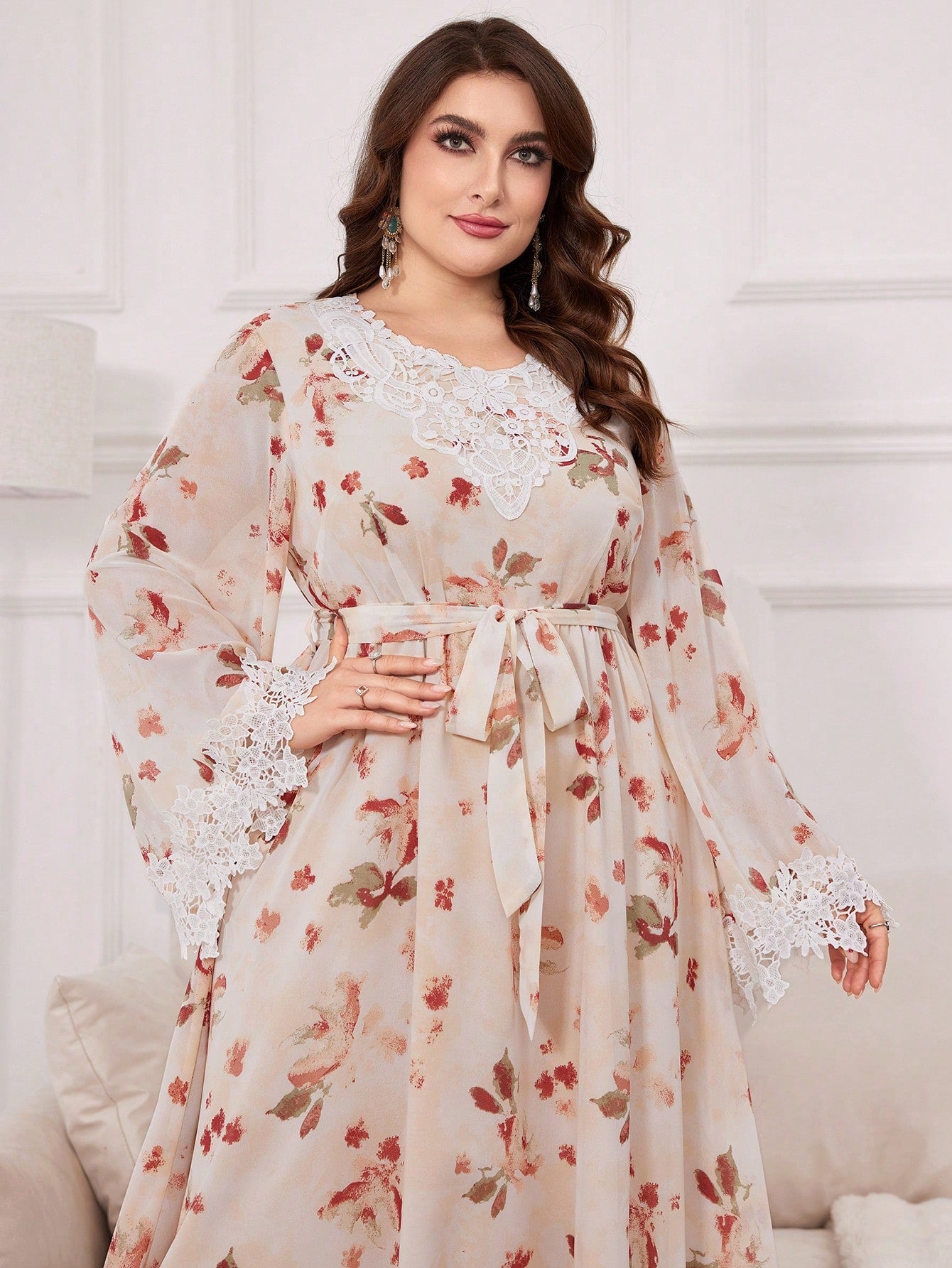 Plus Size Elegant Floral Print Lace Patchwork Dress