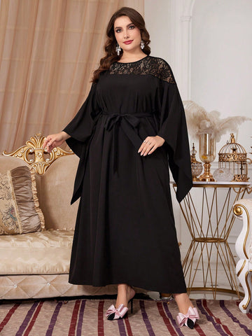 Plus Size Solid Color Lace Splicing Arabian Style Lady Abaya Dress