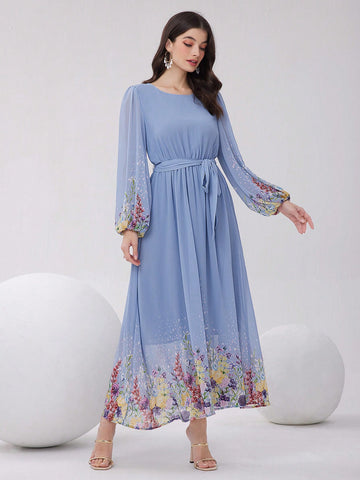 Women's Floral Print Lantern Sleeve Belted Dress