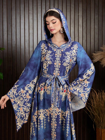 Women's Arabian Style Hooded Dress With Full Print And Flared Sleeves