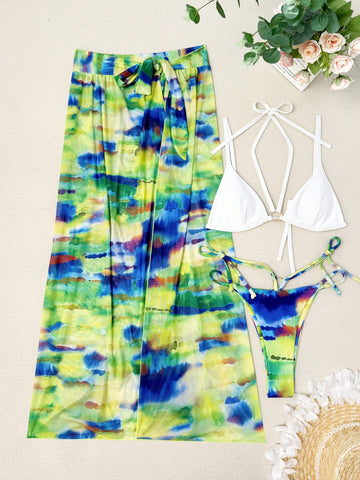 Sexy Hollow Out Bikini With Tie-Dye Printed Skirt, Two-Piece Swimsuit With Separate Sarong Swimwear, 3pcs/Set