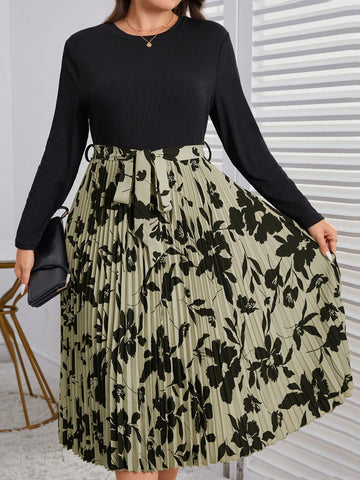 Plus Floral Print Pleated Hem Belted Dress