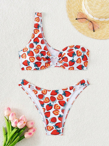 Ladies' Fruit Print Tie Front Bikini Set With Heart & Circular Decoration, One Shoulder Swimsuit Bathing Suit Beach Outfit Summer Vacation