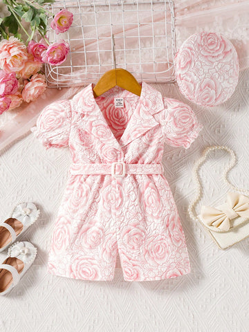 Baby Girl Elegant 3d Rose Pattern Romper With Waist Belt And Hat