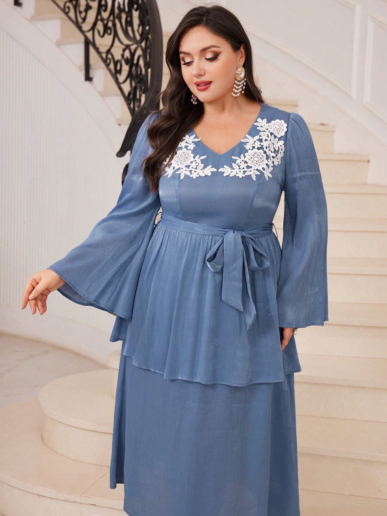 Plus Size V-Neck Bell Sleeve Dress