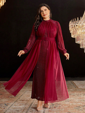 Plus Size Stand Collar Lantern Long Sleeve Maxi Dress