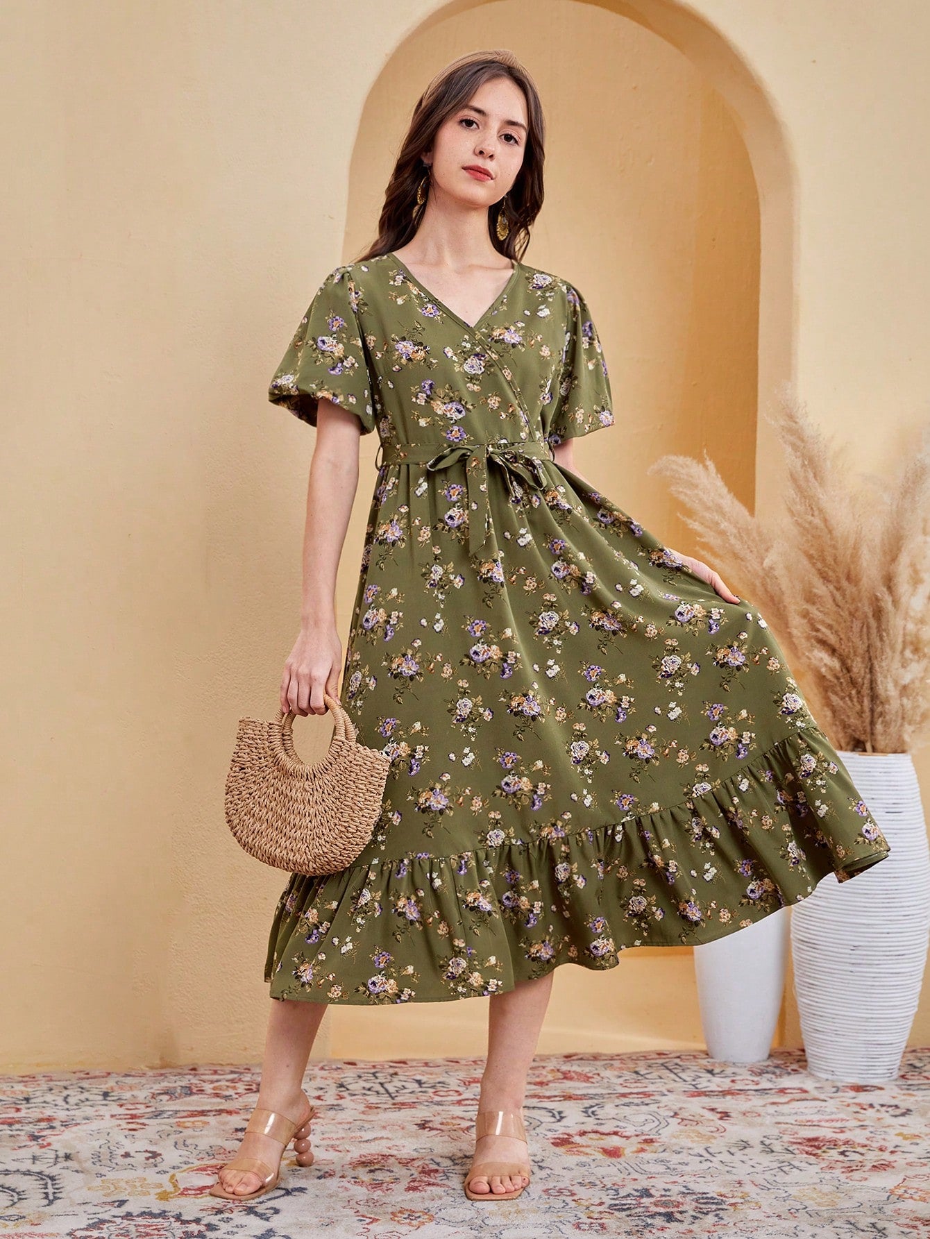 Teen Girls' Woven Floral Print Short Sleeves Maxi Dress For Vacation