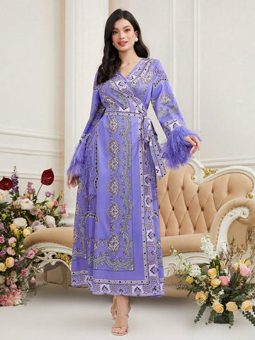 Ladies' Paisley Print Fuzzy Cuffs Wrap Waist Belted Dress ()