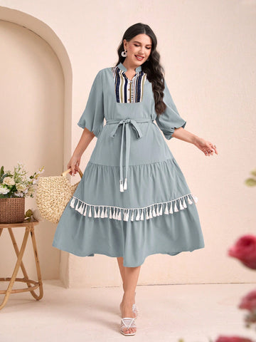 Plus Size Geometric Print Notched Collar Fringe Trim Belted Dress