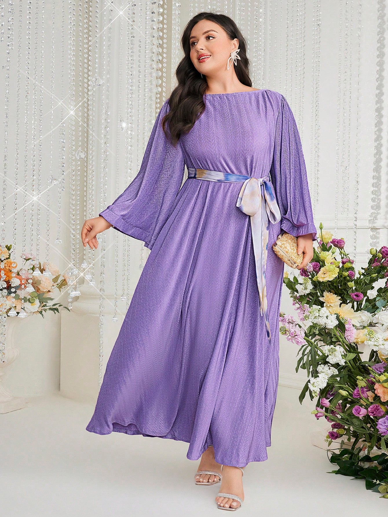 Plus Boat Neck Flared Sleeve Dress