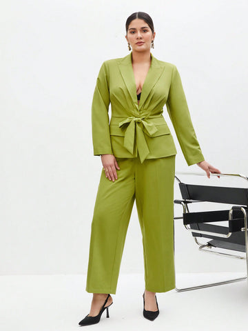 Plus Size Women's Casual Front Tie Suit Set