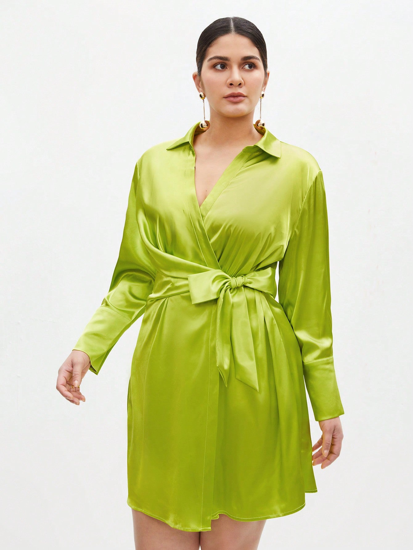 Plus Size Solid Color Turn-Down Collar Fashionable Belted Dress