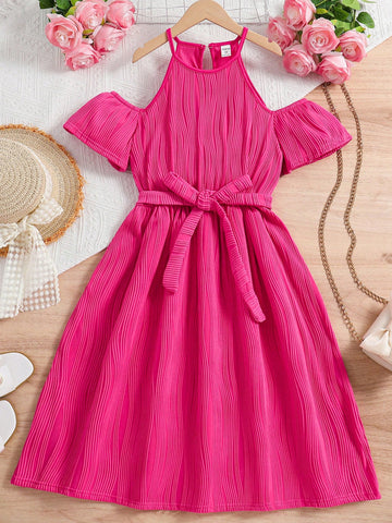 Teenage Girls' Halter Neck Hollow Out Shoulder Short Sleeve Sundress With Umbrella Skirt For Vacation