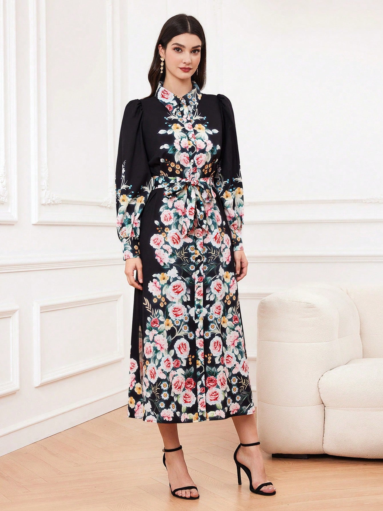 Women's Floral Print Long Sleeve Shirt Dress